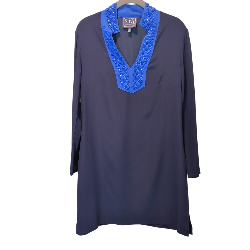 Sail To Sable STS Sz S 100% Silk Navy Blue Shift Dress Beaded V Neckline